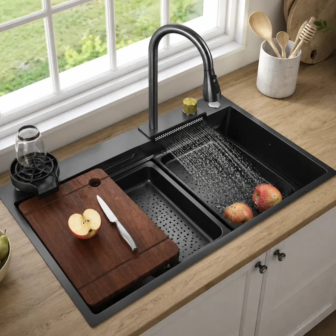 Ekos Waterfall Black Kitchen Sink - 720 x 480mm