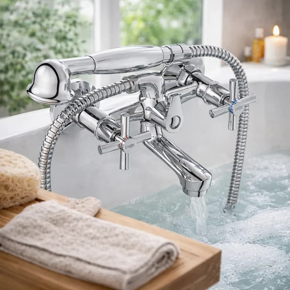 Ekos Cross Chrome Bath Mixer with Rail and Shower Head